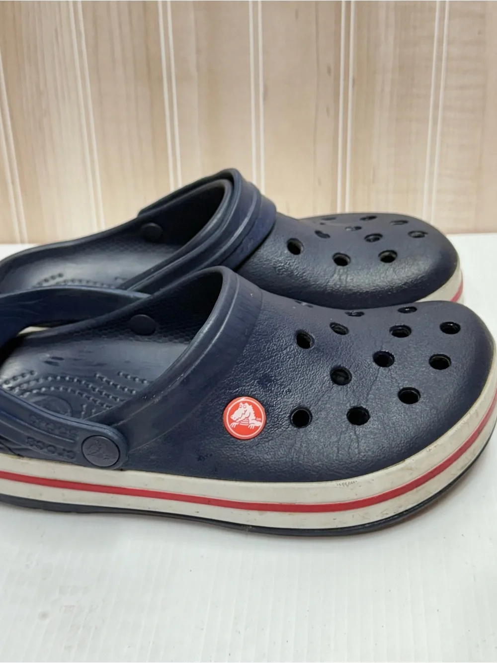 CROCS Kids Navy Clogs with Red Stripe